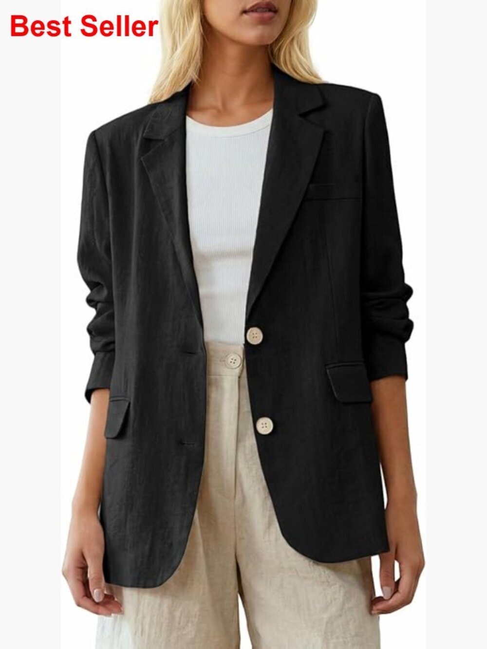 Linen-Blend Blazer Long Open-Front Breathable Lightweight Casual Work Pocket